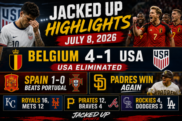 USA eliminated by Belgium, Spain beats Portugal, Padres win — Jacked Up Highlights July 8 graphic