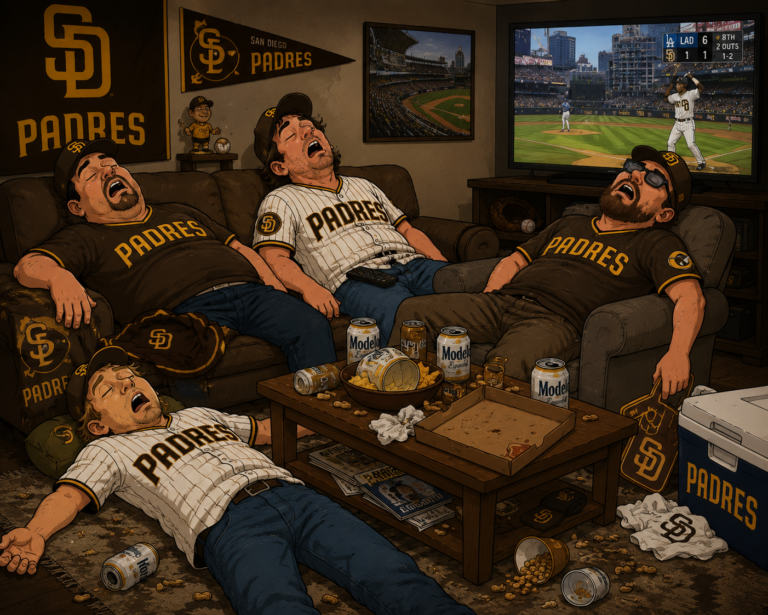 Four Padres fans passed out on the couch after their team blew a 6-0 lead to the Dodgers
