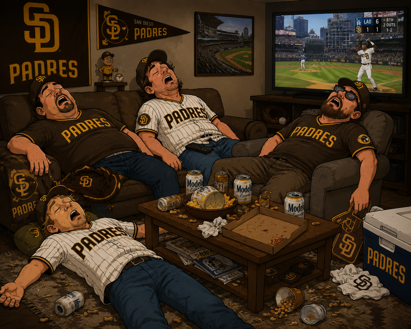 Four Padres fans passed out on the couch after their team blew a 6-0 lead to the Dodgers