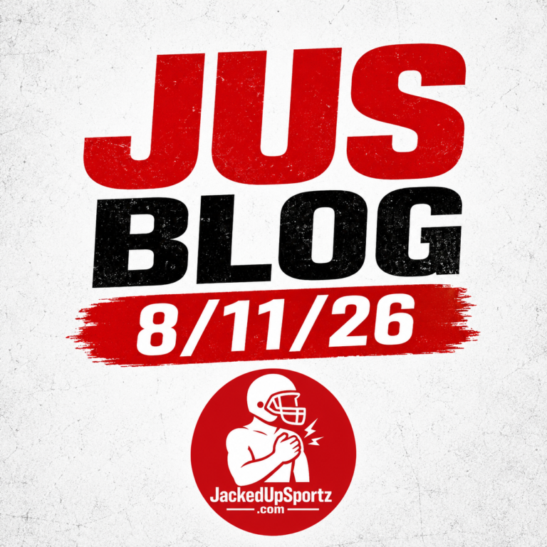 JackedUpSportz JUS Blog graphic dated August 11, 2026 in red, black and white