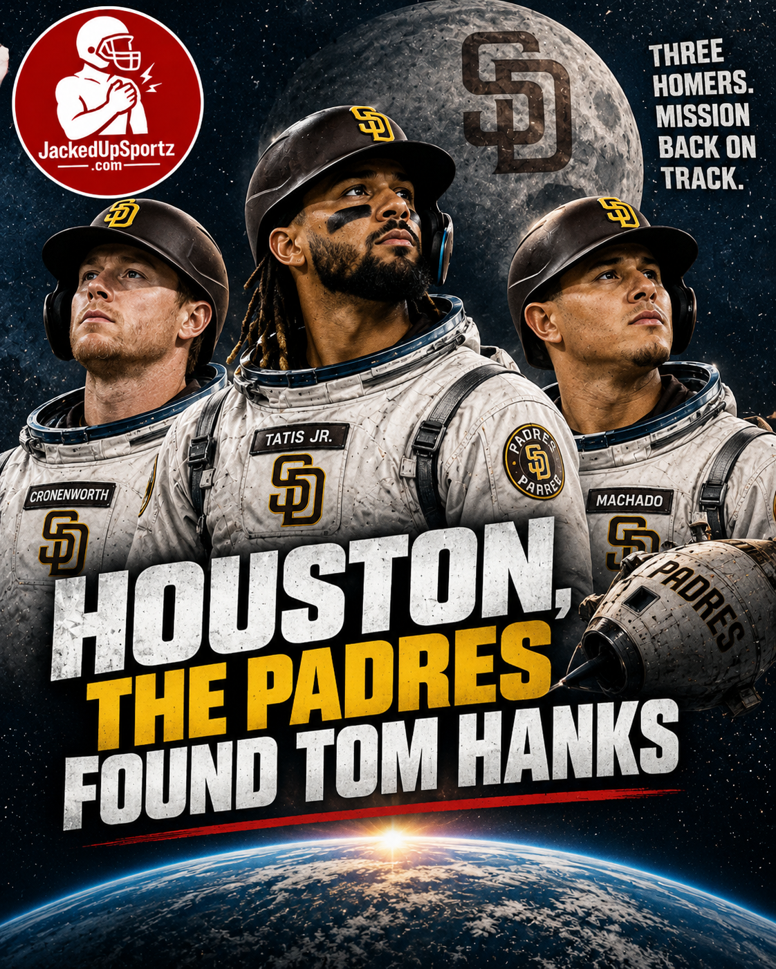 Fernando Tatis Jr., Jake Cronenworth and Manny Machado as astronauts after the Padres’ three-homer start against the Yankees.